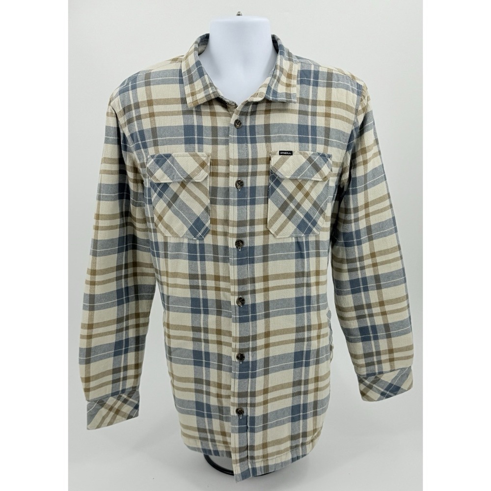 O'Neill Plaid Tan Blue & Gold Quilted Lined Shacket Jacket Men's Large L Std Fit